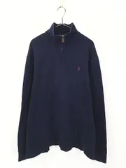 古着 Polo Ralph Lauren ワンポイント ハーフジップ 裾リブなし コットン ニット セーター 紺 XL 古着 
