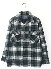 古着 70s USA製 Pendleton 好配色 グリーン チェック 開襟 ボックス ウール ボード シャツ M 