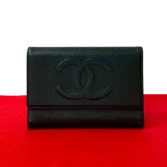 極 美品 シール有 10番台 CHANEL シャネル ココマーク キャビアスキン レザー 本革 三つ折り 財布 ミニ ウォレット ブラック 24441