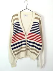 古着 90s USA製 Christian Dior マルチ ボーダー パターン コットン ニット カーディガン L 