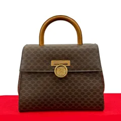極 美品 CELINE セリーヌ ヴィンテージ マカダム ブラゾン トリオンフ 柄 メダル コイン モチーフ 金具 レザー ハンドバッグ 茶 24492