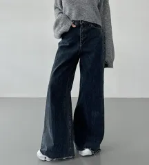 インディゴデニム ワイド フレア デニム 裾 ダメージ フリンジ Sサイズ