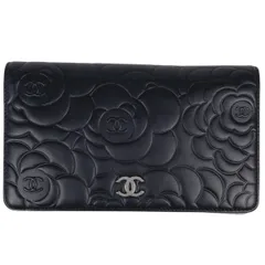 シャネル CHANEL ココマーク 二つ折り 長財布 カメリア 長財布 レザー ブラック レディース 【中古】