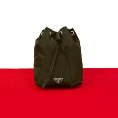 極 美品 PRADA プラダ 三角ロゴ プレート 金具 レザー 本革 テスート ナイロン 巾着 ポーチ ミニ ハンドバッグ カーキ ブラウン 74748