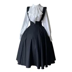 学園風 白シャツ 吊りスカート ロリータ風 ロング丈 ジャンパースカート フリルタイ 長袖 ３点セット ゴスロリ ゴシック 森