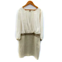 23区 オンワード樫山 ドッキングワンピース ひざ丈 長袖 ラウンドネック 無地 切替 ツイード 40 ベージュ /SY39