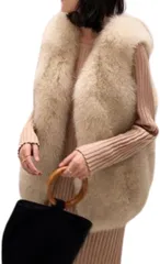 Over the moon ファーベスト レディース アウター ボアベスト もこもこ エコファー エレガント ルームウェア 着痩せ (ベージュ,  M)