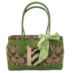 コーチ COACH シグネチャー トートバッグ レザー 本革 緑 グリーン 茶 ブラウン リボン付き 11561 /JS