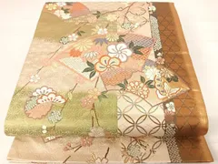 平和屋着物◎六通柄袋帯　唐織　雪輪枝垂れ花文　金糸　正絹　逸品　AABD3688yx