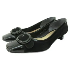 リズラフィーネ Riz raffinee 美品 スエード パンプス ベルト エナメル スクエアトゥ 切替 24EE 黒 ブラック