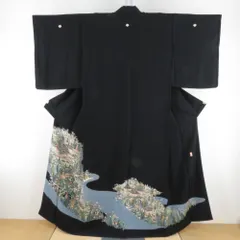 黒留袖 風景紋様 五三桐蔦紋 正絹 黒色ｘ青色ｘ多色 落款入り 比翼 袷 広衿 礼装着物 フォーマル 仕立て上がり 身丈155cm