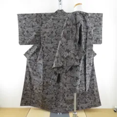 紬 着物 アンサンブル 羽織付き セット 風景模様 袷 バチ衿 焦げ茶色ｘ灰色 正絹 カジュアル 仕立て上がり 身丈155cm