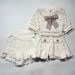 美品 LIZ LISA リズリサ レースセットアップ ワンピース ホワイト リボン レース フリル 金ボタン 襟リボン FREE フリー