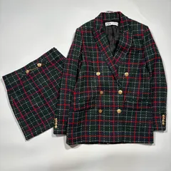 美品 ZARA ザラ セットアップ スカート ダブルブレスト ツイード チェック 金ボタン レッド グリーン レーヨン Sサイズ