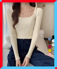 新品 レディース Uネック リブトップス スクエアネック ニット コンパクト丈 旬レイヤード シンプルベーシック【送料無料】
