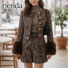 rienda リエンダ 袖ファー付き ツイードセットアップ ジャケット ショートパンツ 上下セット Mサイズ ブラウン系 ノーカラー ゴールドボタン ファンシーツイード 秋冬 美脚 モード系 韓国風 レディース きれいめ 通勤 デート