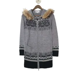 MICHEL KLEIN ミッシェルクラン リアルファー★ ウール混 ニット ジップ フーディー カーディガン Sz.38 レディース グレー