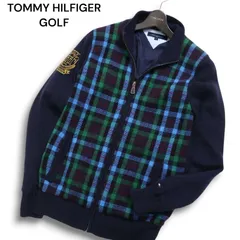 TOMMY HILFIGER GOLF トミーヒルフィガー ゴルフ 秋冬 ウール100％★ チェック ニット ブルゾン ジャケット Sz.S メンズ 紺