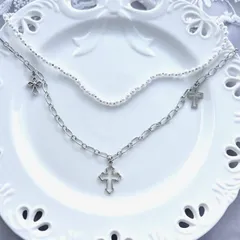 ガーリーロック パール×チェーン クロスモチーフ2連ネックレス