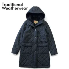 Traditional Weatherwear トラディショナルウェザーウェア 英国マッキントッシュ キルティングコート フーディー ロング 裏地ボア 無地 38 紺 ネイビー ★M114
