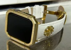 ホワイト&ゴールドcts★Apple Watchバンド 本革 クロコダイル レザーベルト コンチョ付き アップルウォッチ保護カバー サテンカラー艶消しケース 40mm 41mm 44mm 45mm 49mm ultra ウルトラ
