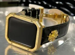 ブラック&ゴールドcts★Apple Watchバンド 本革 クロコダイル レザーベルト コンチョ付き アップルウォッチ保護カバー サテンカラー艶消しケース 40mm 41mm 44mm 45mm 49mm ultra ウルトラ