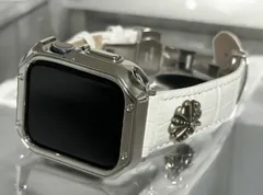 ホワイト&シルバーcts★Apple Watchバンド 本革 クロコダイル レザーベルト コンチョ付き アップルウォッチ保護カバー メッキ加工TPUケース 38mm 40mm 41mm 42mm 44mm 45mm 46mm 49mm ultra ウルトラ