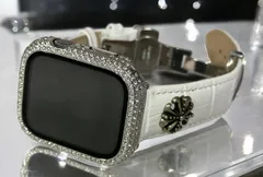 ホワイト&シルバー★アップルウォッチバンド 本革レザーベルト クロコダイル Apple Watch 画面保護カバー glassパヴェケース キラキラ メッキ 40mm41mm42mm44mm45mm46mm49mm ultra ウルトラ メンズ レディース