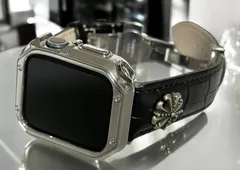 ブラック&シルバーcts★Apple Watchバンド 本革 クロコダイル レザーベルト コンチョ付き アップルウォッチ保護カバー メッキ加工TPUケース 38mm 40mm 41mm 42mm 44mm 45mm 46mm 49mm ultra ウルトラ