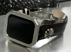 ブラック&シルバーsg★Apple Watchバンド 本革 クロコダイル レザーベルト コンチョ付き アップルウォッチ保護カバー サテンカラー艶消しケース 40mm 41mm 44mm 45mm 49mm ultra ウルトラ