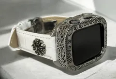 sメタル銀鎧★Apple Watchバンド 本革レザーベルト クロコダイル ホワイトシルバー コンチョ付き アップルウォッチ重厚メタルカバー 彫刻調精密ケース 44mm 45mm 46mm 49mm ultra ウルトラ メンズ レディース ★着脱時ネジ不要★