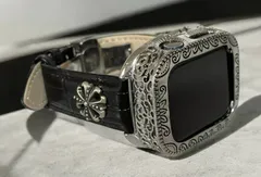 zメタル銀鎧★Apple Watchバンド 本革レザーベルト クロコダイル ブラックシルバー コンチョ付き アップルウォッチ重厚メタルカバー 彫刻調精密ケース 44mm 45mm 46mm 49mm ultra ウルトラ メンズ レディース ★着脱時ネジ不要★