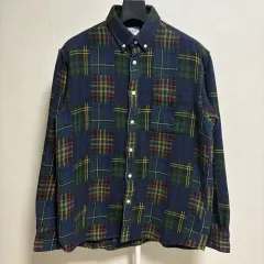 ビームス オリジナル ファブリック パッチワーク フランネル シャツ / ネイビー M