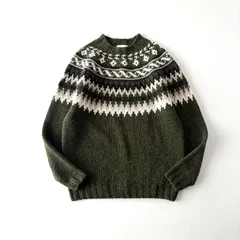 美品 / MORRIS&SONS モリスアンドサンズ / ウール100% 求心編み ノルディック セーター ニット / ユニセックス 34 メンズ レディース / オリーブグリーン / 英国製 イギリス製 / 求心柄 トップス