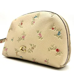 【良品】 COACH コーチ ハンドバッグ ポーチ 花柄 レザー 革 ベージュ 肌色 ユニセックス 男女兼用 メンズ レディース