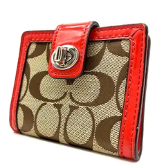 【良品】 COACH コーチ 二つ折り財布 コンパクトウォレット シグネチャー キャンバス エナメル ベージュ 肌色 オレンジ 橙色 ユニセックス 男女兼用 メンズ レディース
