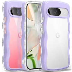 Google Pixel 9/9 Pro ケース クリア ウェーブ おしゃれ 韓国 かわいい 可愛い ピクセル 9/9Pro スマホケース 人気 シンプル 滑り止め 薄型 軽量 耐衝撃 指紋防止 レンズ保護 ストラップホール付き シリコン 透明（パープル）