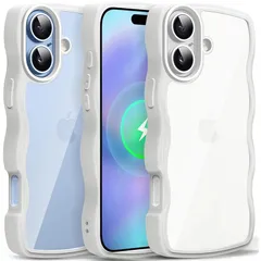 iPhone 17 用 ケース クリア ウェーブ おしゃれ 韓国 かわいい 可愛い アイフォン 17 用 スマホケース 人気 滑り止め 薄型 軽量 耐衝撃 ストラップホール付き シリコン 透明（ホワイト）