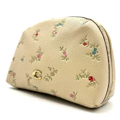 【良品】 COACH コーチ ハンドバッグ ポーチ 花柄 c金具 レザー 革 ホワイト 白色 ベージュ 肌色 ユニセックス 男女兼用 メンズ レディース