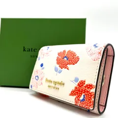【良品】 Kate spade ケイトスペード キーケース 三つ折り 4連 PVC レザー 革 フラワーモチーフ ホワイト 白色 ピンク 桃色 ユニセックス 男女兼用 レディース
