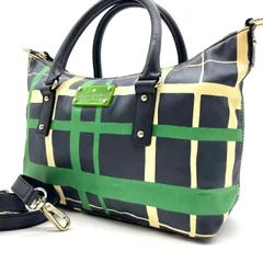 ✨良品✨ Katespade ケイトスペード ハンドバッグ  トートバッグ ショルダーバッグ 2way チェック柄 グリーン 緑色 ブラック 黒色 ベージュ 肌色 キャンバス レザー 革 ロゴプレート A4収納可能 ユニセックス 男女兼用 メンズ レディース