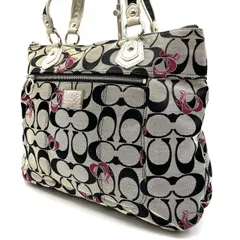 【良品】 COACH Y2K POPPY signature gray black white canvas leather totebag コーチ トートバッグ ハンドバッグ ショルダーバッグ