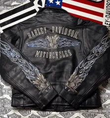 ⭐️ ハーレーダビッドソン 稀少Custom 青糸・金糸・ファイヤー&ナックルヘッド・エンジン・デザイン・背面&袖・限定刺繍ロゴ⭐️レアな本革製ジャケット ⭐️ライダースジャケット・レアモデル！⭐️