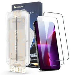 【人気商品】2枚セット 高透過率 マジックガイド枠付き ガラスフィルム 貼り付けに簡単 用 ズレなく 13promax/14plus 気泡レス iPhone 9H硬度 対応 耐衝撃 JOHN 飛散防止 【光沢】MAGIC 触り心地良い