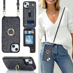 背面ポケット付きiPhone13 ケース 財布型ケース【上下開】iPhone13 斜めがけショルダーストラップ 携帯ケース【RFID機能】iPhone14 首かけ case クロスボディ肩掛け カード収納 スマホショルダーケース 360°回転リング 手帳型ケー