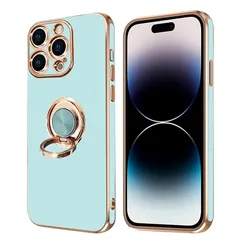 iPhone 14 Pro ケース リング付き アイフォン14Pro リング カバー 全面保護 スマホケース TPU 耐衝撃 スタンド機能 車載スタンド対応 ストラップホール付き 擦り傷防止 メッキ加工 6.1インチ（イトシアン）