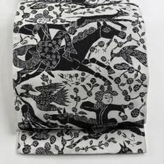 袋帯 秀品 紬地 人物 動物 灰白 全通 正絹 【中古】