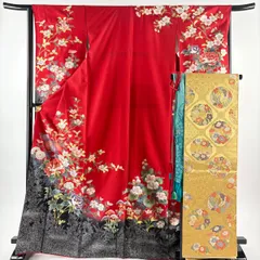 振袖 身丈169cm 裄丈65.5cm M 袷 袋帯フルセット 牡丹 椿 金彩 ぼかし 赤 正絹 秀品 【中古】