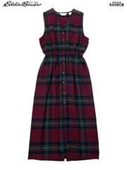 古着 Eddie Bauer エディーバウアー 前開き チェック柄 コットン ロング丈 ノースリーブ ワンピース 赤 ボルドー (otu2510049)