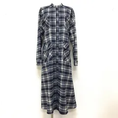 美品 Nora Lily ユニセックス 21AW チェックロングワンピース オーバーサイズ ミモレ丈 ウエストリボンベルト付き バンドカラーシャツワンピース ネイビー